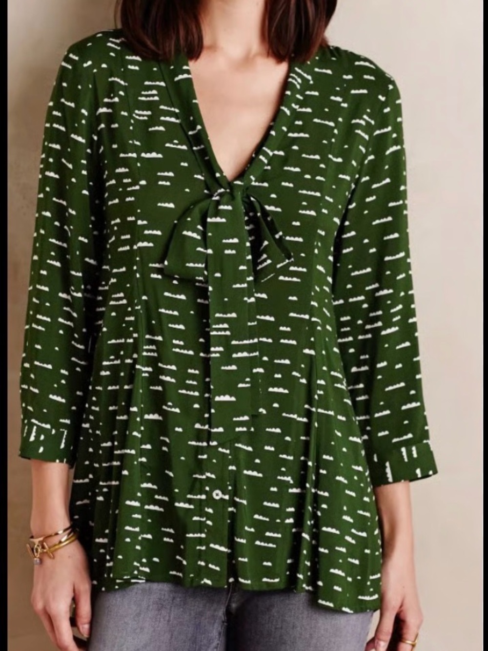 Maeve Olive Green Tie-Neck Printed Blouse